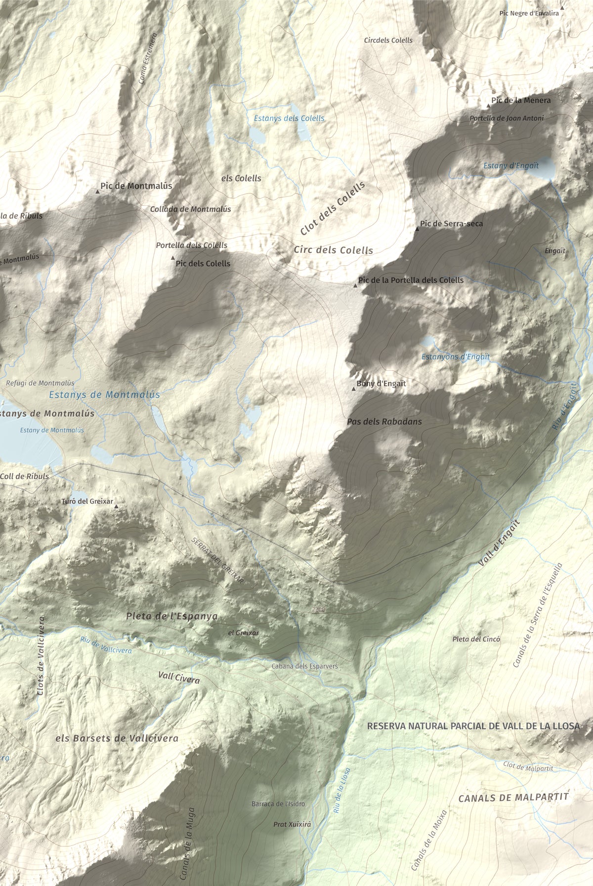 Mapa de relieve de La Muga, 2861 m, Cerdanya, lámina 100 Cims de Trobart. Detalle de la zona superior derecha. 61 × 91 cm.