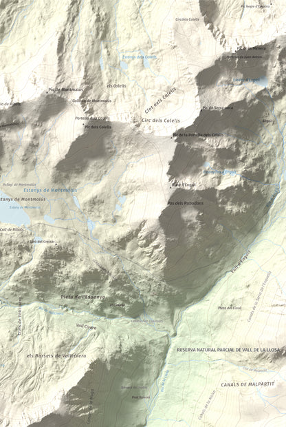 Mapa de relieve de La Muga, 2861 m, Cerdanya, lámina 100 Cims de Trobart. Detalle de la zona superior derecha. 61 × 91 cm.