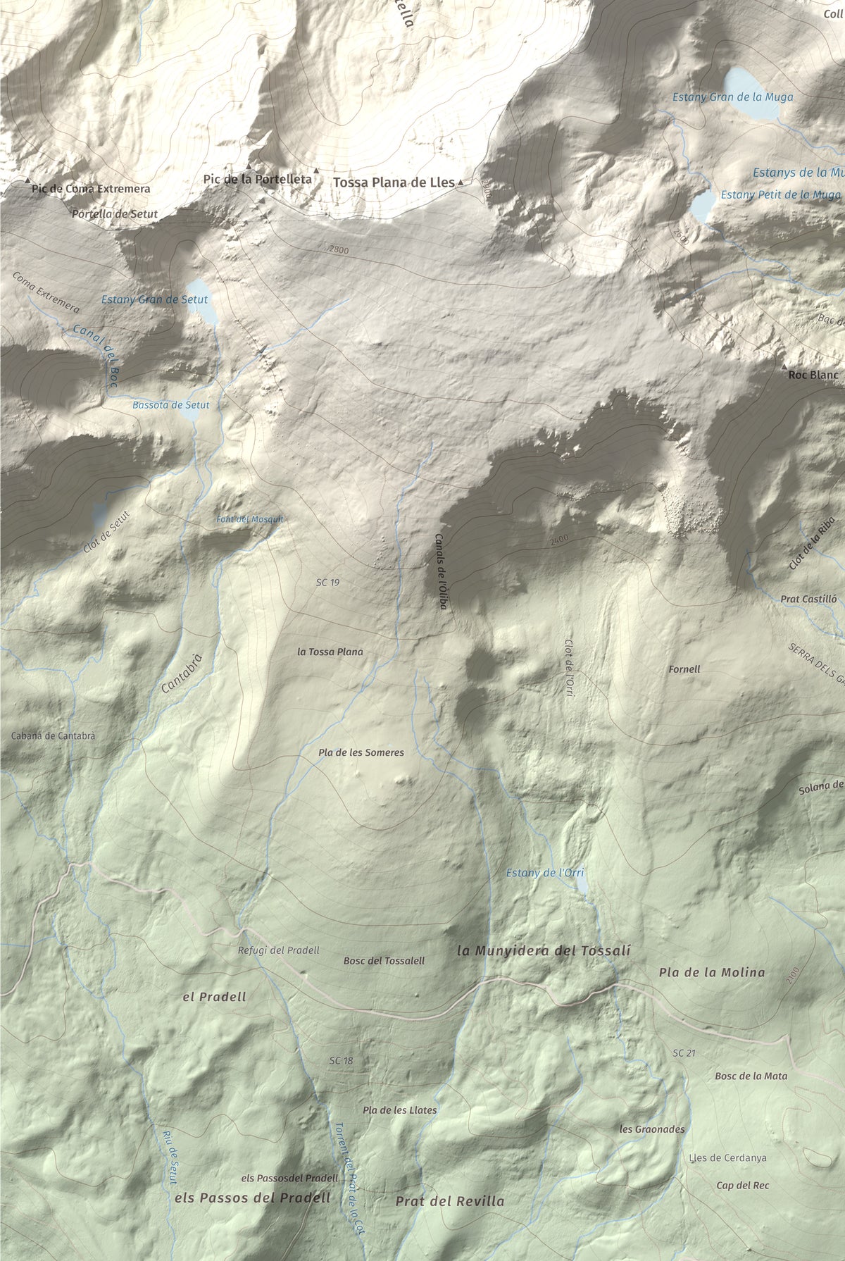 Mapa de relieve de La Muga, 2861 m, Cerdanya, lámina 100 Cims de Trobart. Detalle de la zona inferior izquierda. 61 × 91 cm.