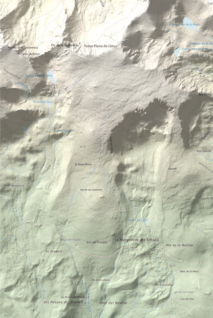 Mapa de relieve de La Muga, 2861 m, Cerdanya, lámina 100 Cims de Trobart. Detalle de la zona inferior izquierda. 61 × 91 cm.