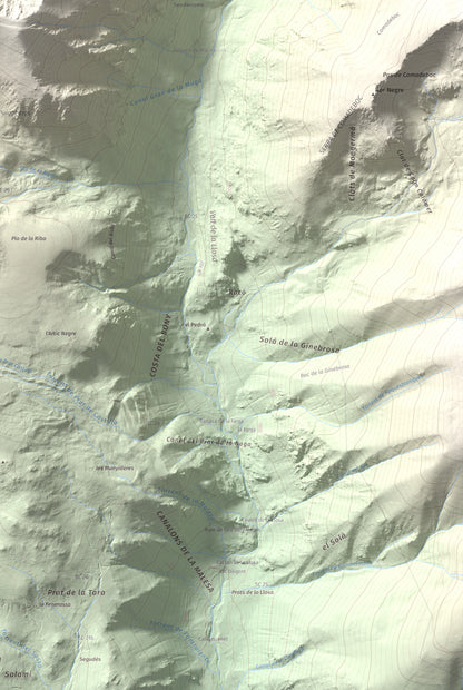 Mapa de relieve de La Muga, 2861 m, Cerdanya, lámina 100 Cims de Trobart. Detalle de la zona inferior derecha. 61 × 91 cm.