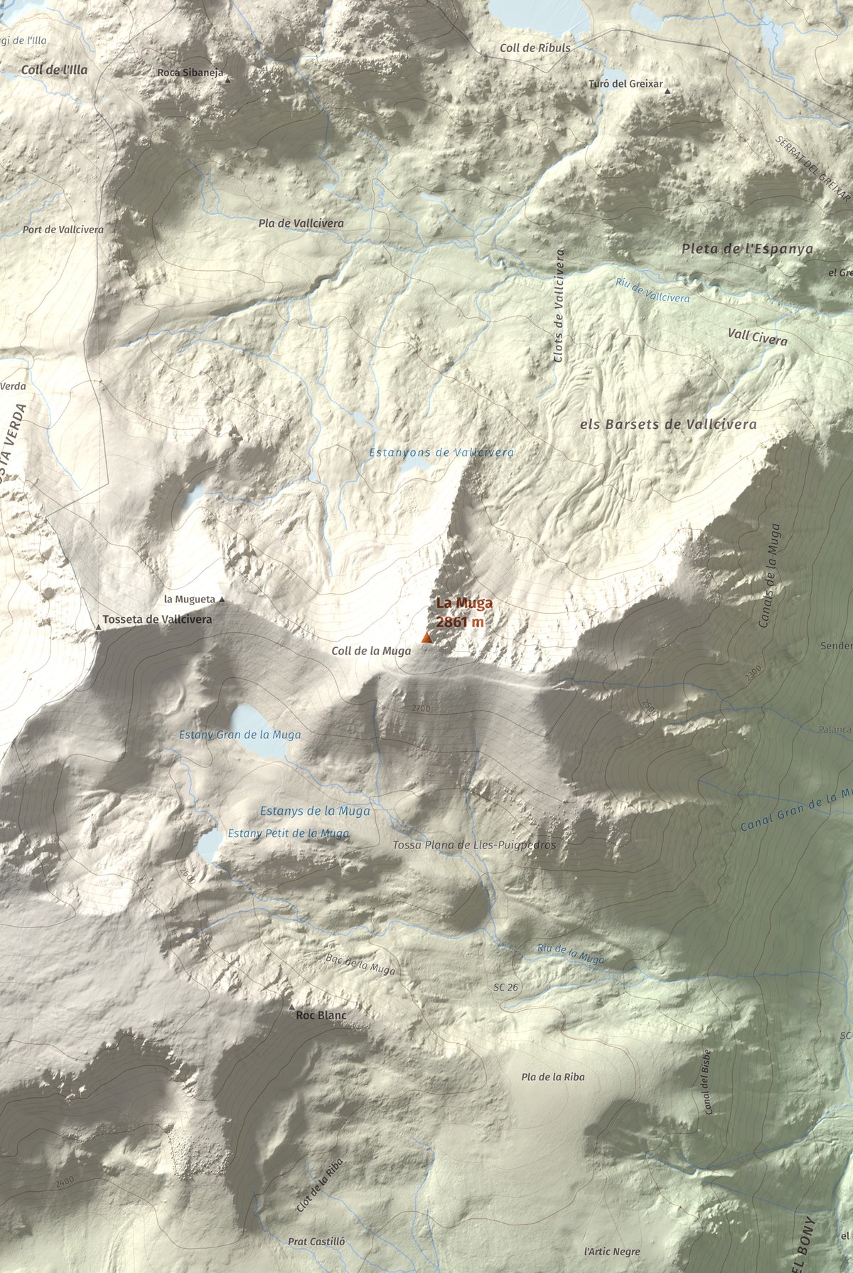 Mapa de relieve de La Muga, 2861 m, Cerdanya, lámina 100 Cims de Trobart. Detalle de la zona central. 61 × 91 cm.