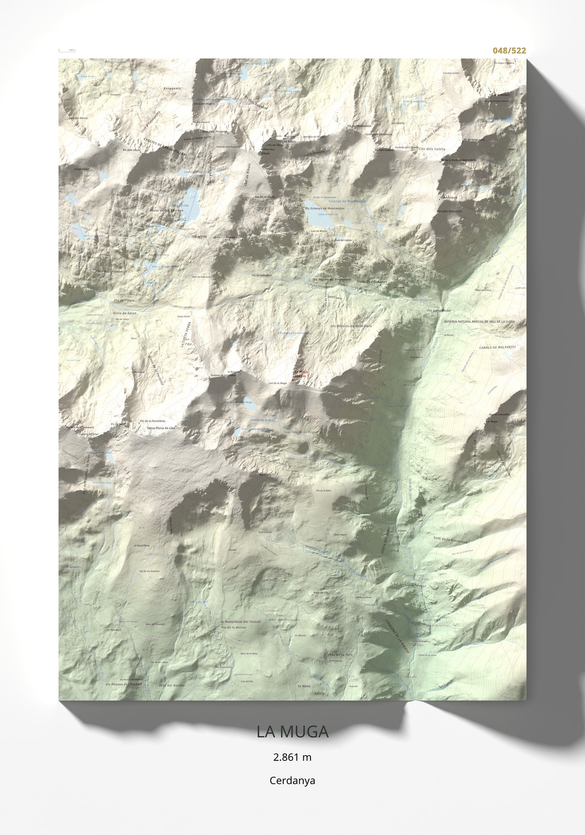 Mapa de relieve de La Muga, 2861 m, Cerdanya, lámina 100 Cims de Trobart 70 × 100 cm.