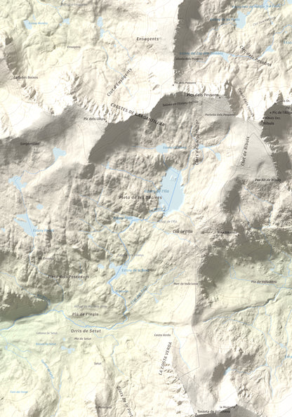 Mapa de relieve de La Muga, 2861 m, Cerdanya, lámina 100 Cims de Trobart. Detalle de la zona superior izquierda. 70 × 100 cm.