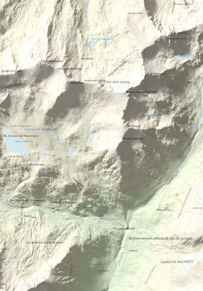 Mapa de relieve de La Muga, 2861 m, Cerdanya, lámina 100 Cims de Trobart. Detalle de la zona superior derecha. 70 × 100 cm.