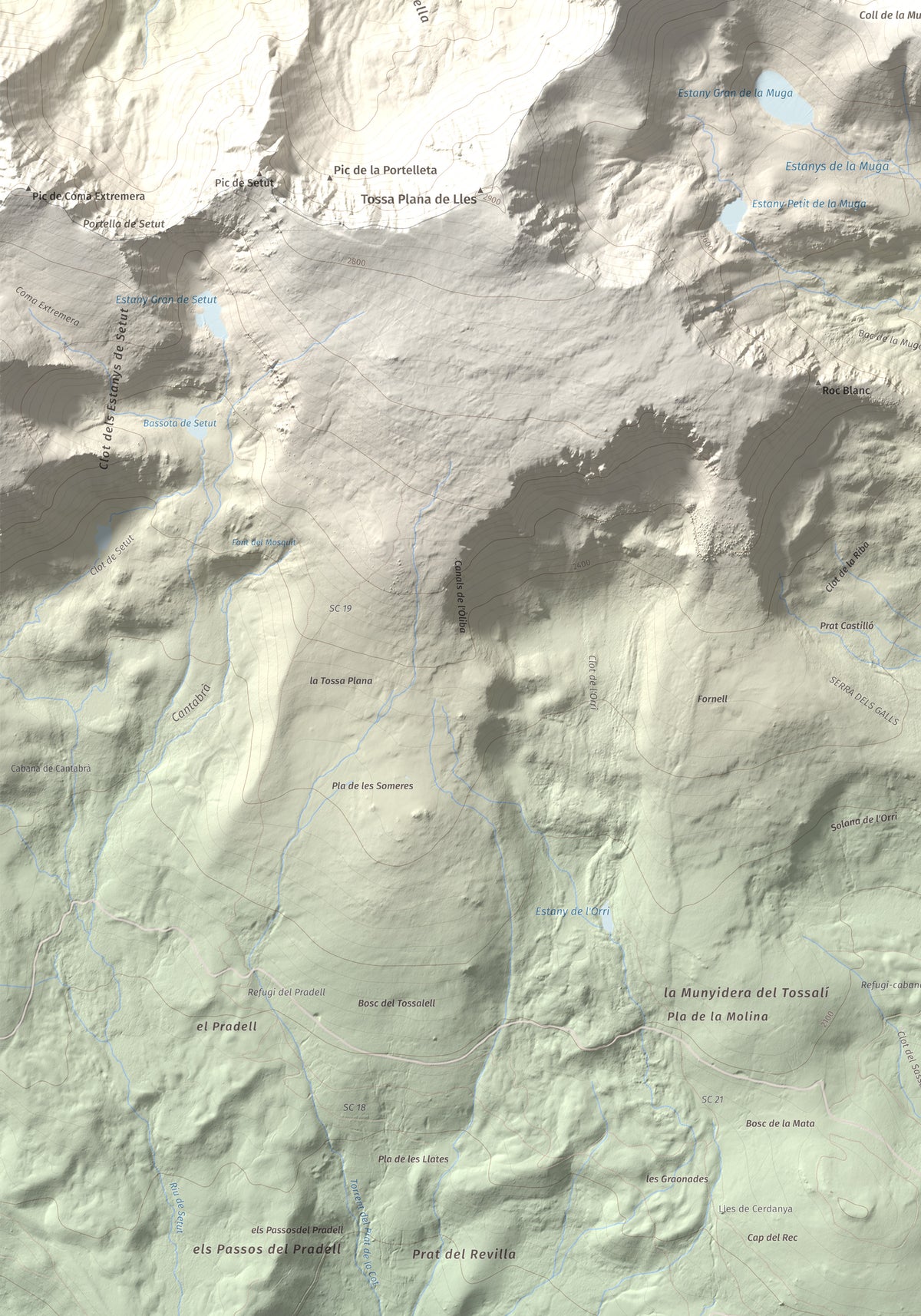 Mapa de relieve de La Muga, 2861 m, Cerdanya, lámina 100 Cims de Trobart. Detalle de la zona inferior izquierda. 70 × 100 cm.