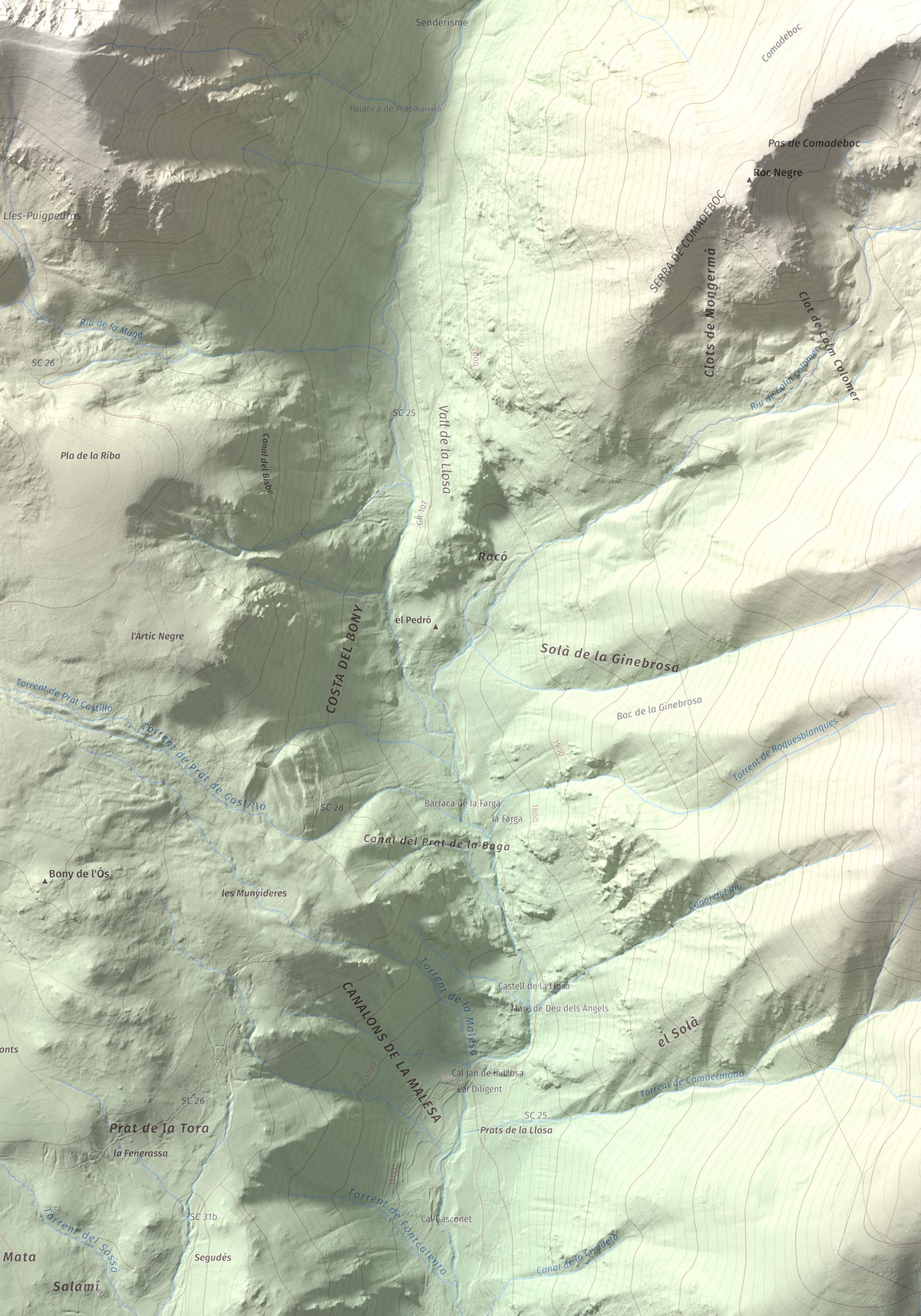 Mapa de relieve de La Muga, 2861 m, Cerdanya, lámina 100 Cims de Trobart. Detalle de la zona inferior derecha. 70 × 100 cm.
