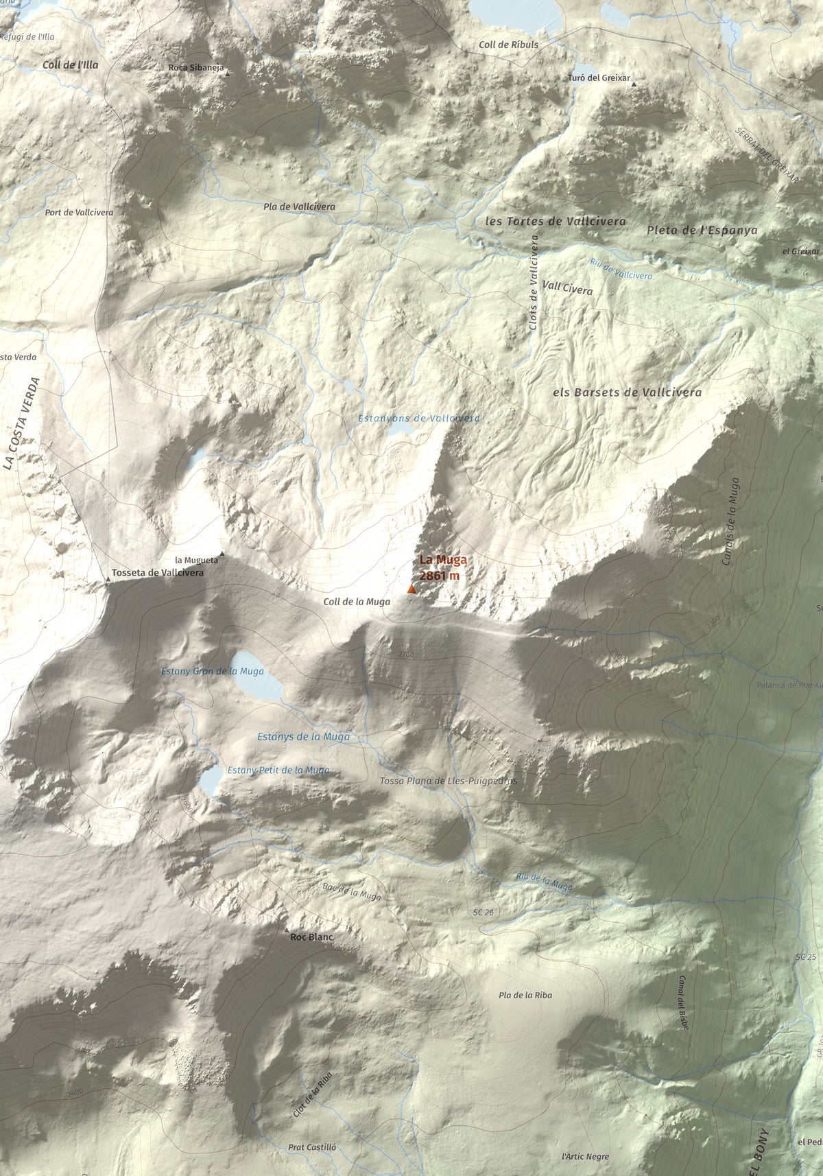 Mapa de relieve de La Muga, 2861 m, Cerdanya, lámina 100 Cims de Trobart. Detalle de la zona central. 70 × 100 cm.