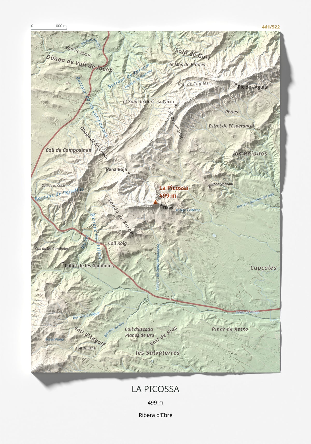 Mapa de relieve de La Picossa, 499 m, Ribera d'Ebre, lámina 100 Cims de Trobart 21 × 30 cm.