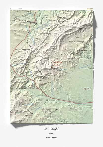 Mapa de relieve de La Picossa, 499 m, Ribera d'Ebre, lámina 100 Cims de Trobart 21 × 30 cm.
