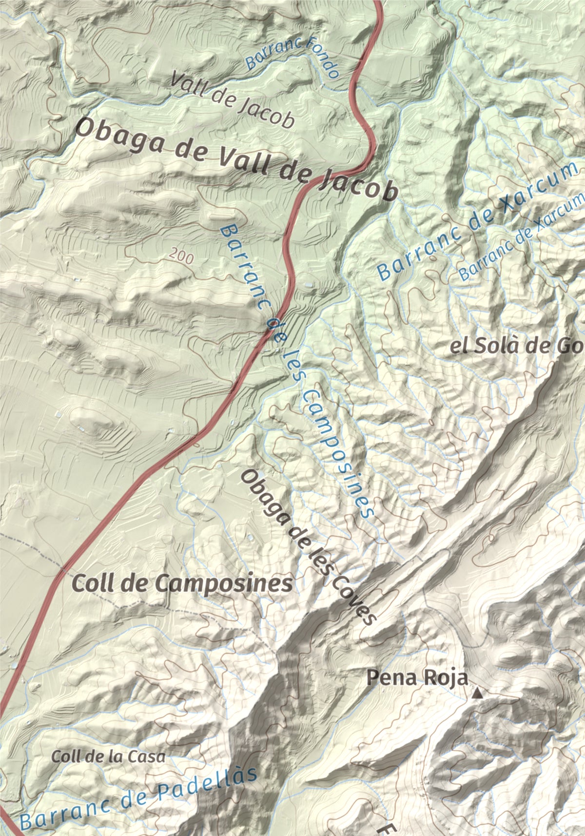 Mapa de relieve de La Picossa, 499 m, Ribera d'Ebre, lámina 100 Cims de Trobart. Detalle de la zona superior izquierda. 21 × 30 cm.