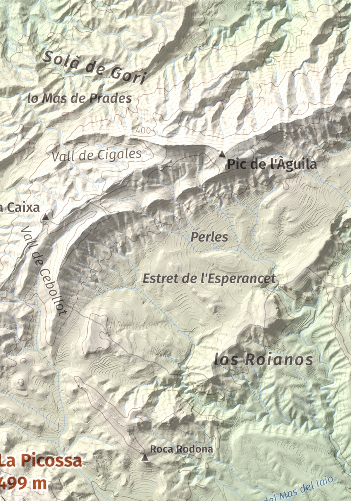 Mapa de relieve de La Picossa, 499 m, Ribera d'Ebre, lámina 100 Cims de Trobart. Detalle de la zona superior derecha. 21 × 30 cm.
