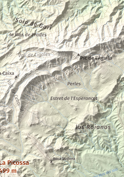 Mapa de relieve de La Picossa, 499 m, Ribera d'Ebre, lámina 100 Cims de Trobart. Detalle de la zona superior derecha. 21 × 30 cm.