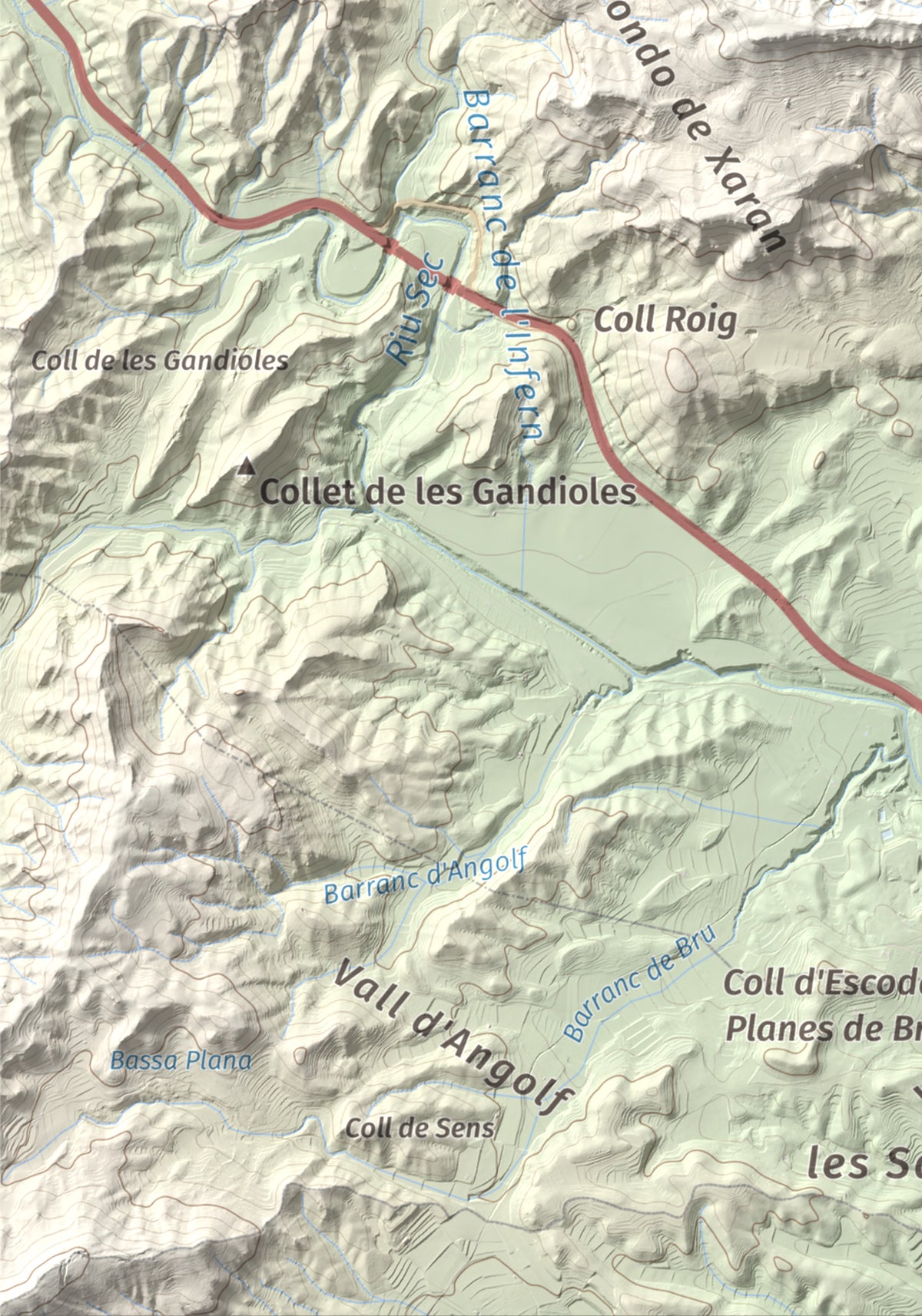 Mapa de relieve de La Picossa, 499 m, Ribera d'Ebre, lámina 100 Cims de Trobart. Detalle de la zona inferior izquierda. 21 × 30 cm.