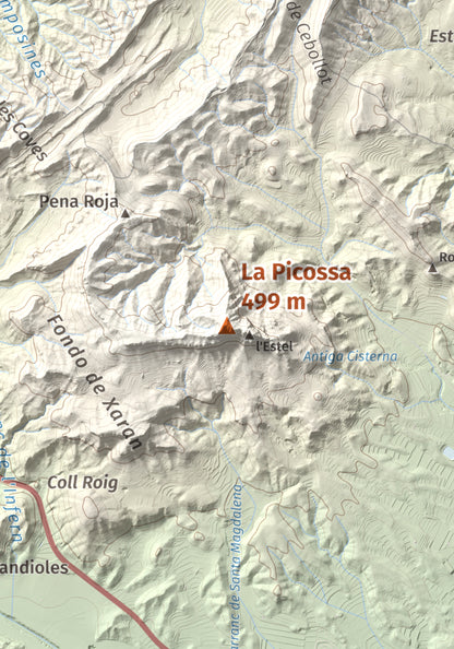 Mapa de relieve de La Picossa, 499 m, Ribera d'Ebre, lámina 100 Cims de Trobart. Detalle de la zona central. 21 × 30 cm.
