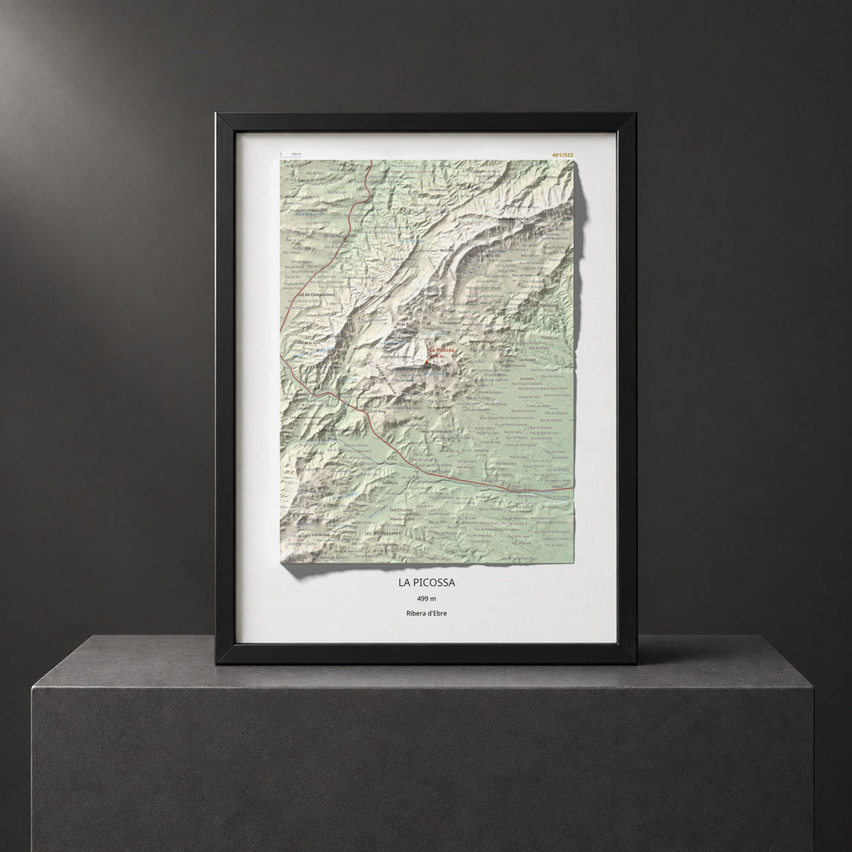 Mapa de relieve de La Picossa, 499 m, Ribera d'Ebre, lámina 100 Cims de Trobart. Presentación enmarcada. 30 × 40 cm.