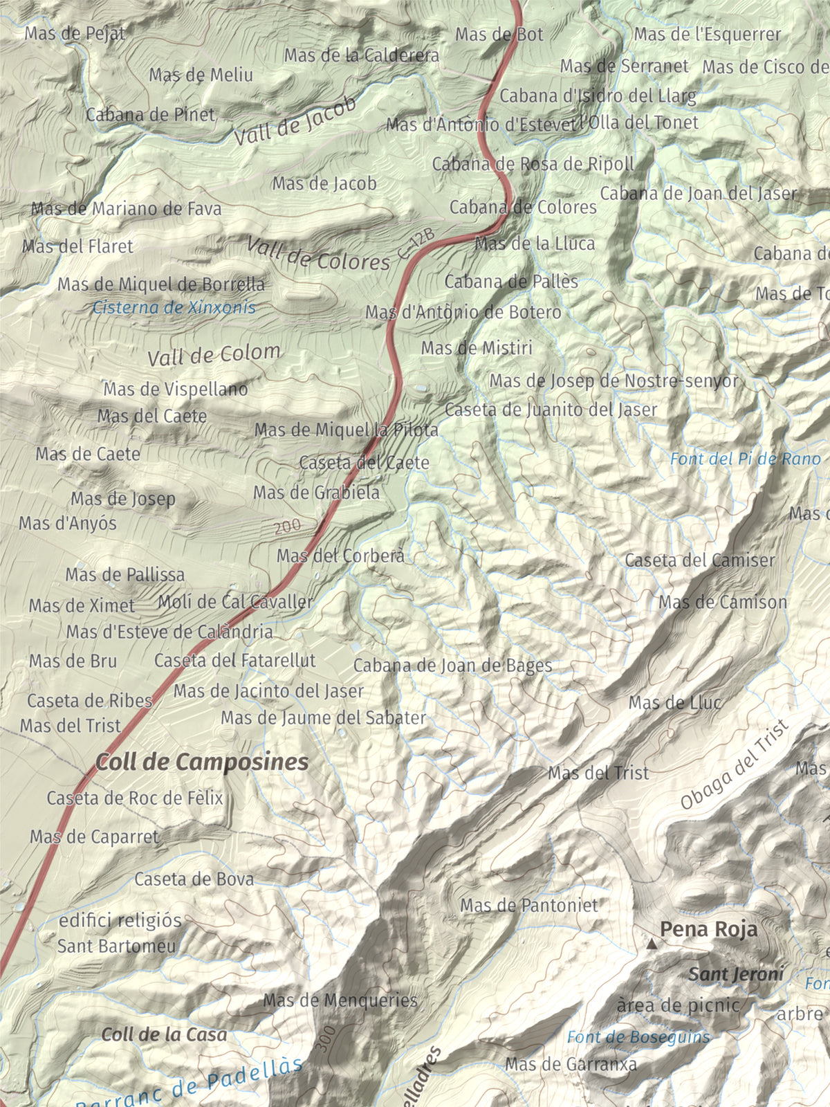 Mapa de relieve de La Picossa, 499 m, Ribera d'Ebre, lámina 100 Cims de Trobart. Detalle de la zona superior izquierda. 30 × 40 cm.