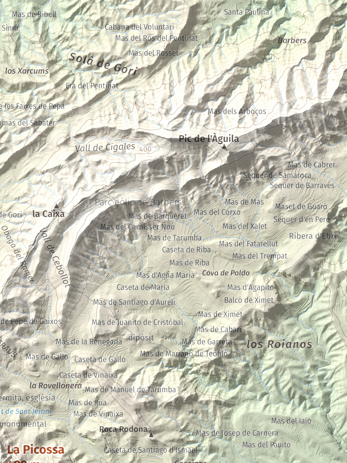 Mapa de relieve de La Picossa, 499 m, Ribera d'Ebre, lámina 100 Cims de Trobart. Detalle de la zona superior derecha. 30 × 40 cm.