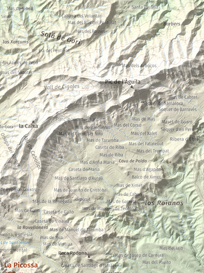 Mapa de relieve de La Picossa, 499 m, Ribera d'Ebre, lámina 100 Cims de Trobart. Detalle de la zona superior derecha. 30 × 40 cm.