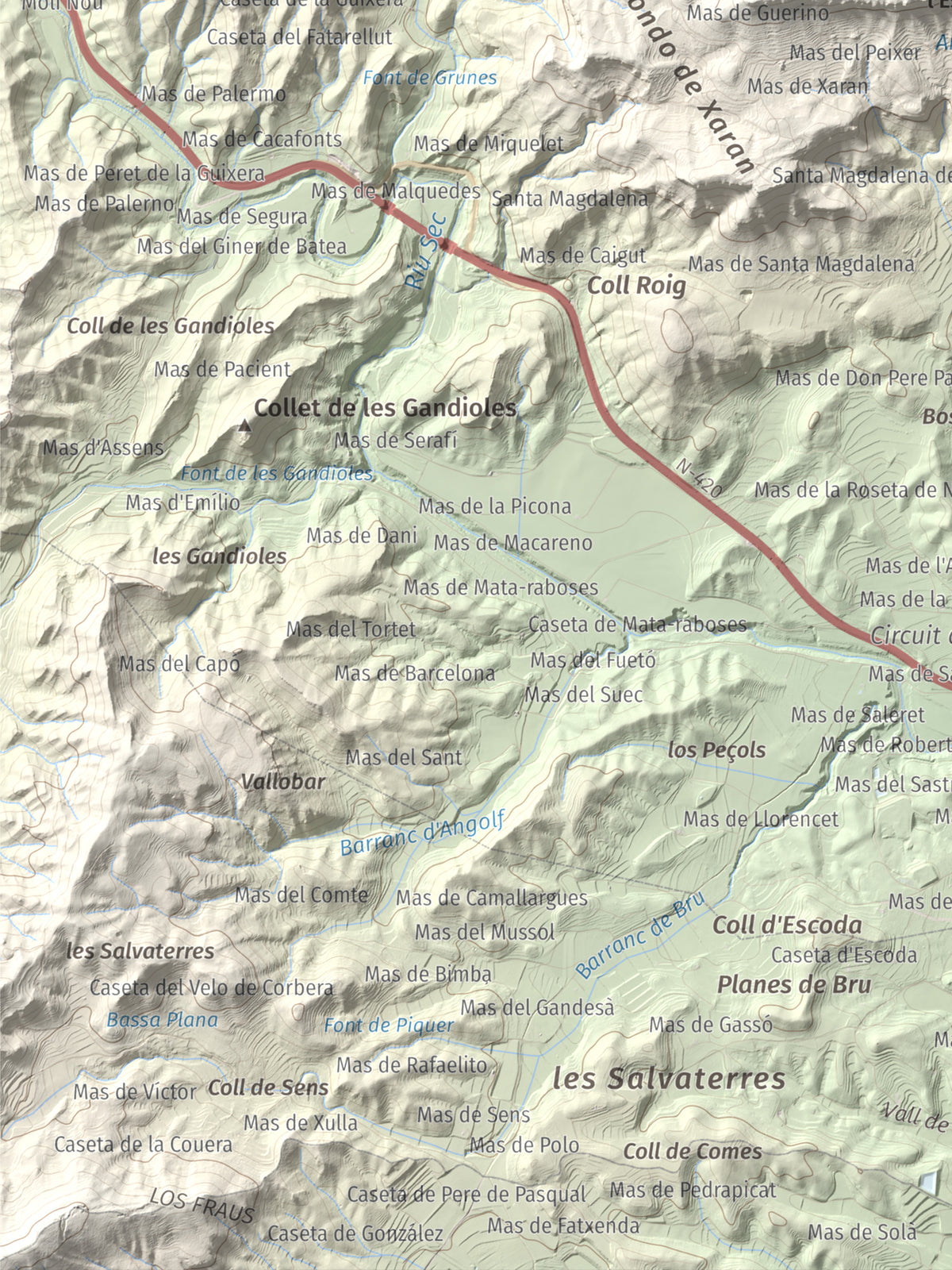 Mapa de relieve de La Picossa, 499 m, Ribera d'Ebre, lámina 100 Cims de Trobart. Detalle de la zona inferior izquierda. 30 × 40 cm.