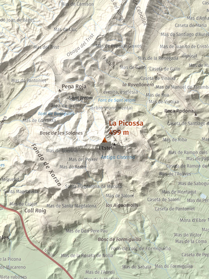 Mapa de relieve de La Picossa, 499 m, Ribera d'Ebre, lámina 100 Cims de Trobart. Detalle de la zona central. 30 × 40 cm.