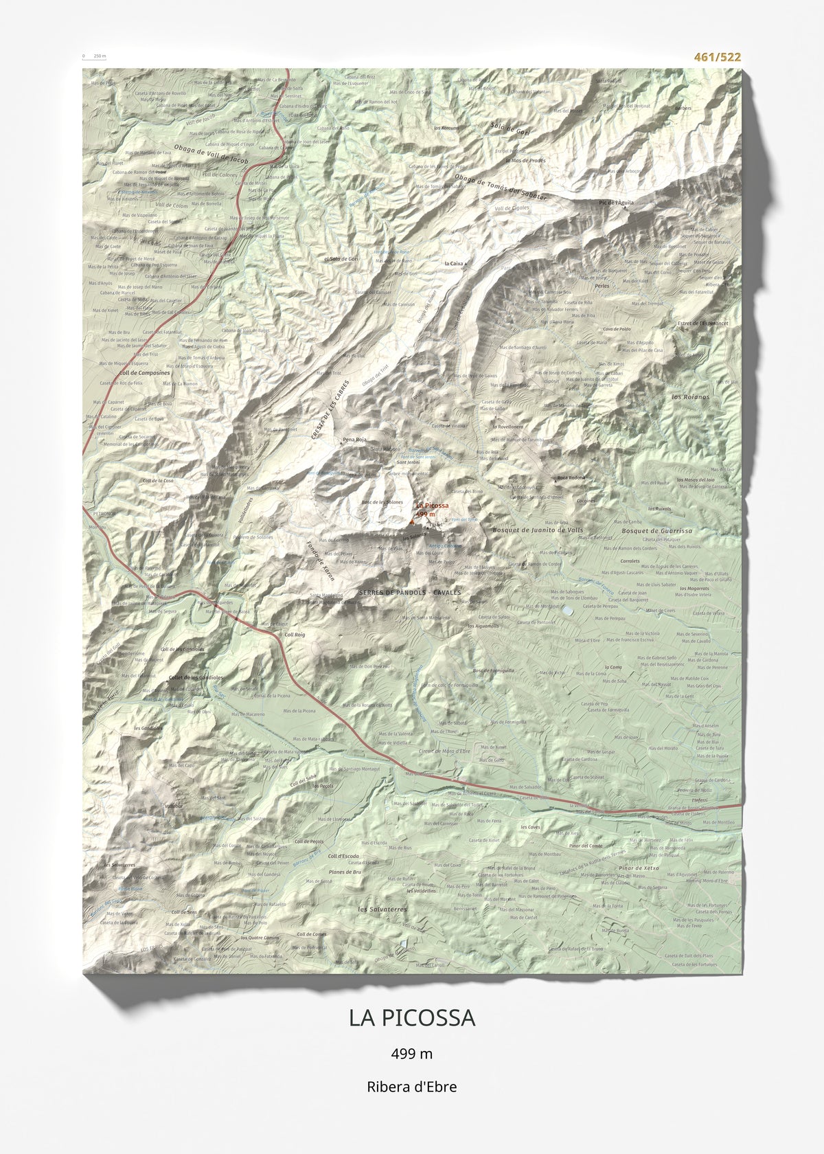 Mapa de relieve de La Picossa, 499 m, Ribera d'Ebre, lámina 100 Cims de Trobart 50 × 70 cm.