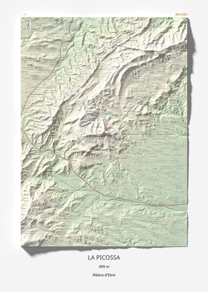 Mapa de relieve de La Picossa, 499 m, Ribera d'Ebre, lámina 100 Cims de Trobart 50 × 70 cm.