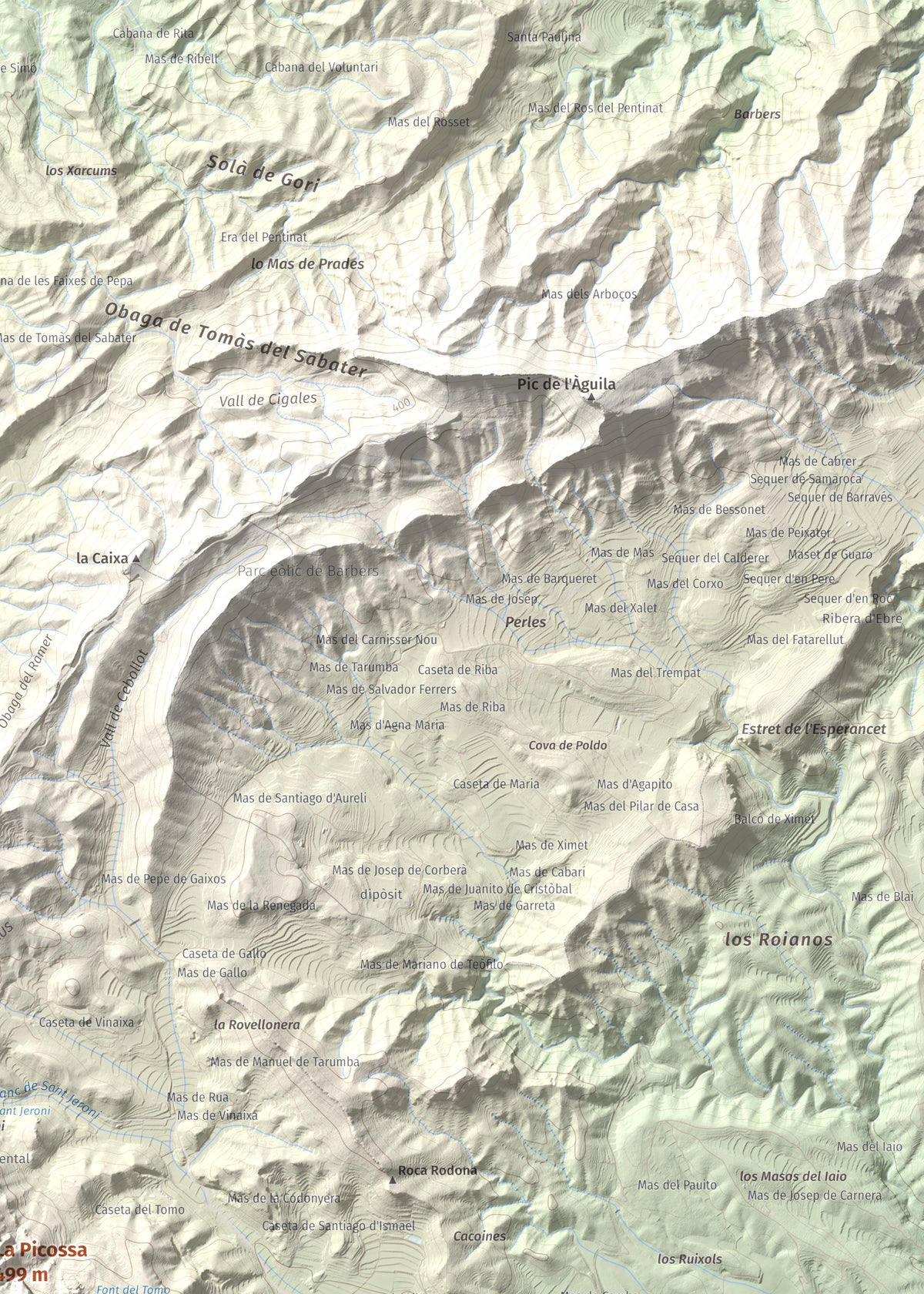 Mapa de relieve de La Picossa, 499 m, Ribera d'Ebre, lámina 100 Cims de Trobart. Detalle de la zona superior derecha. 50 × 70 cm.