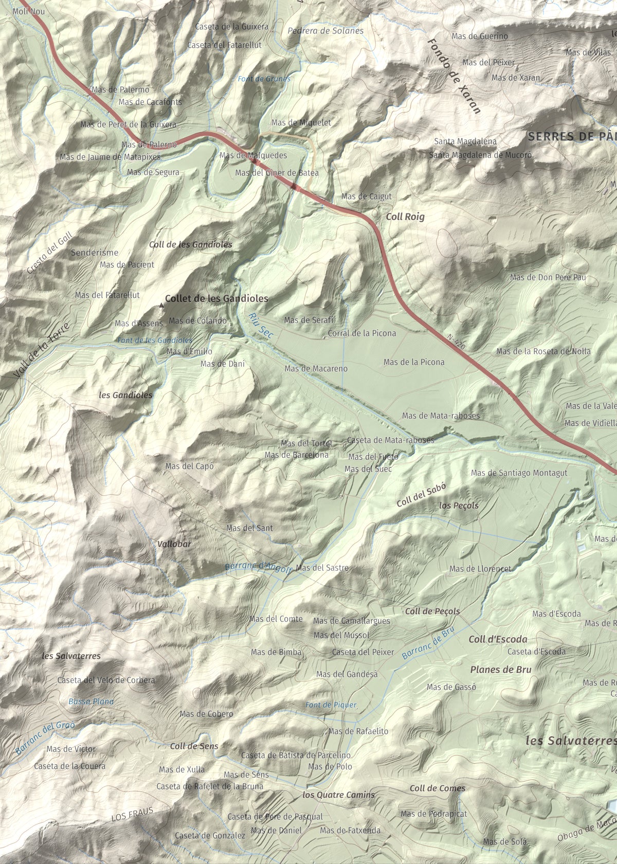 Mapa de relieve de La Picossa, 499 m, Ribera d'Ebre, lámina 100 Cims de Trobart. Detalle de la zona inferior izquierda. 50 × 70 cm.