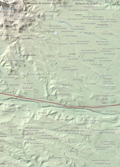 Mapa de relieve de La Picossa, 499 m, Ribera d'Ebre, lámina 100 Cims de Trobart. Detalle de la zona inferior derecha. 50 × 70 cm.