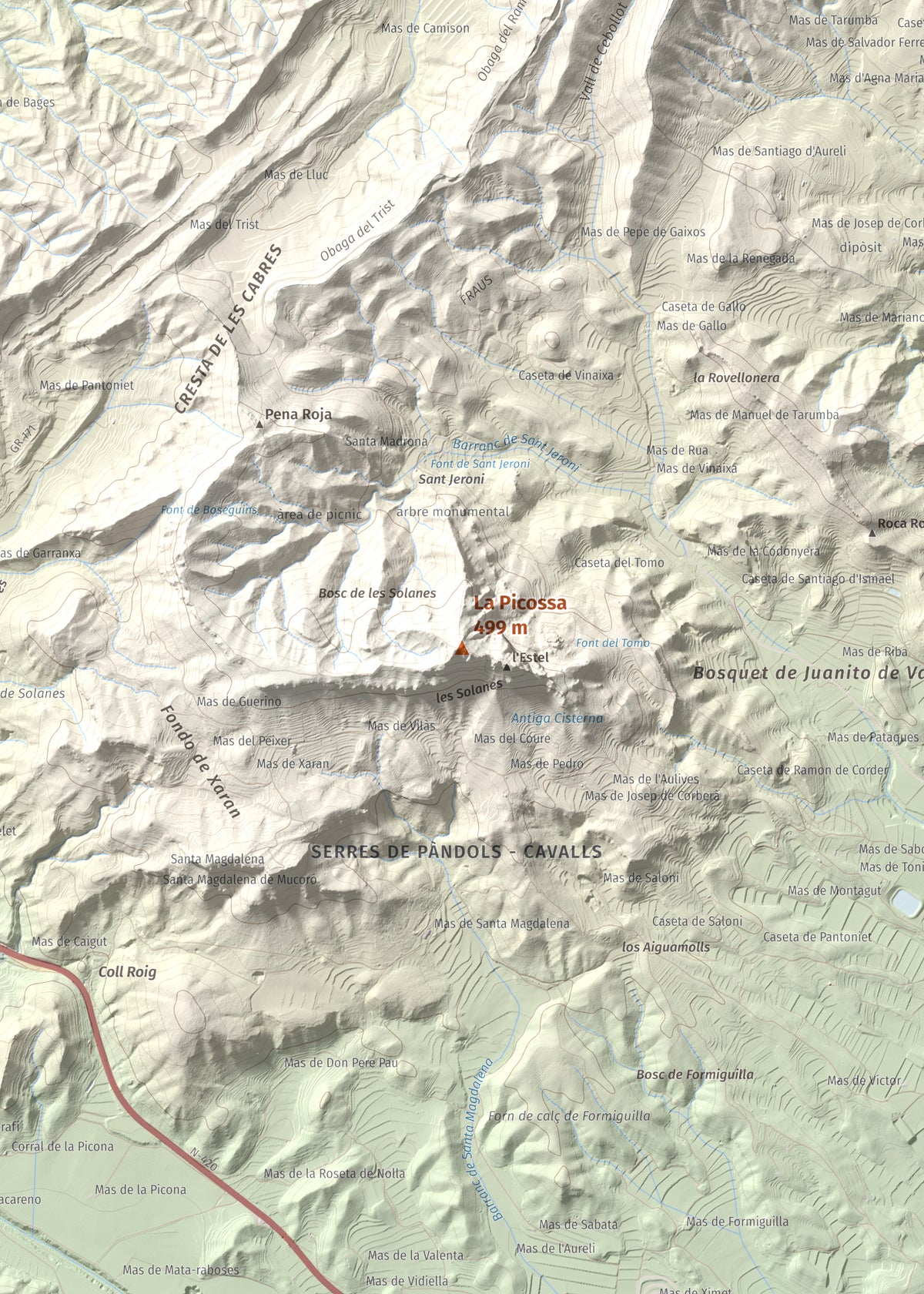 Mapa de relieve de La Picossa, 499 m, Ribera d'Ebre, lámina 100 Cims de Trobart. Detalle de la zona central. 50 × 70 cm.