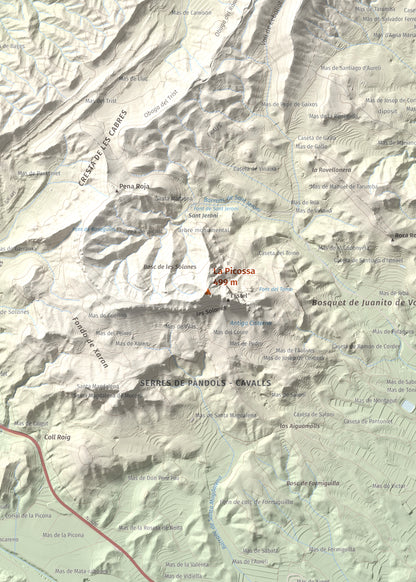 Mapa de relieve de La Picossa, 499 m, Ribera d'Ebre, lámina 100 Cims de Trobart. Detalle de la zona central. 50 × 70 cm.