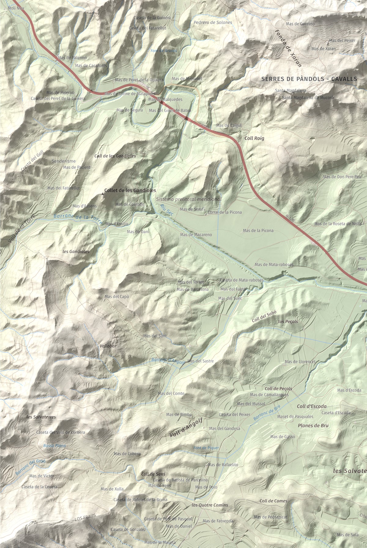 Mapa de relieve de La Picossa, 499 m, Ribera d'Ebre, lámina 100 Cims de Trobart. Detalle de la zona inferior izquierda. 61 × 91 cm.