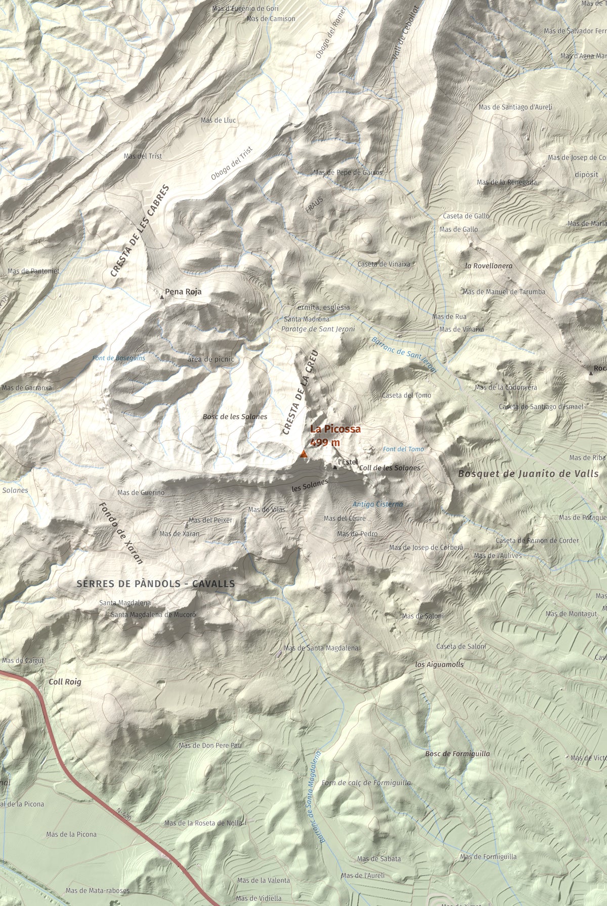 Mapa de relieve de La Picossa, 499 m, Ribera d'Ebre, lámina 100 Cims de Trobart. Detalle de la zona central. 61 × 91 cm.