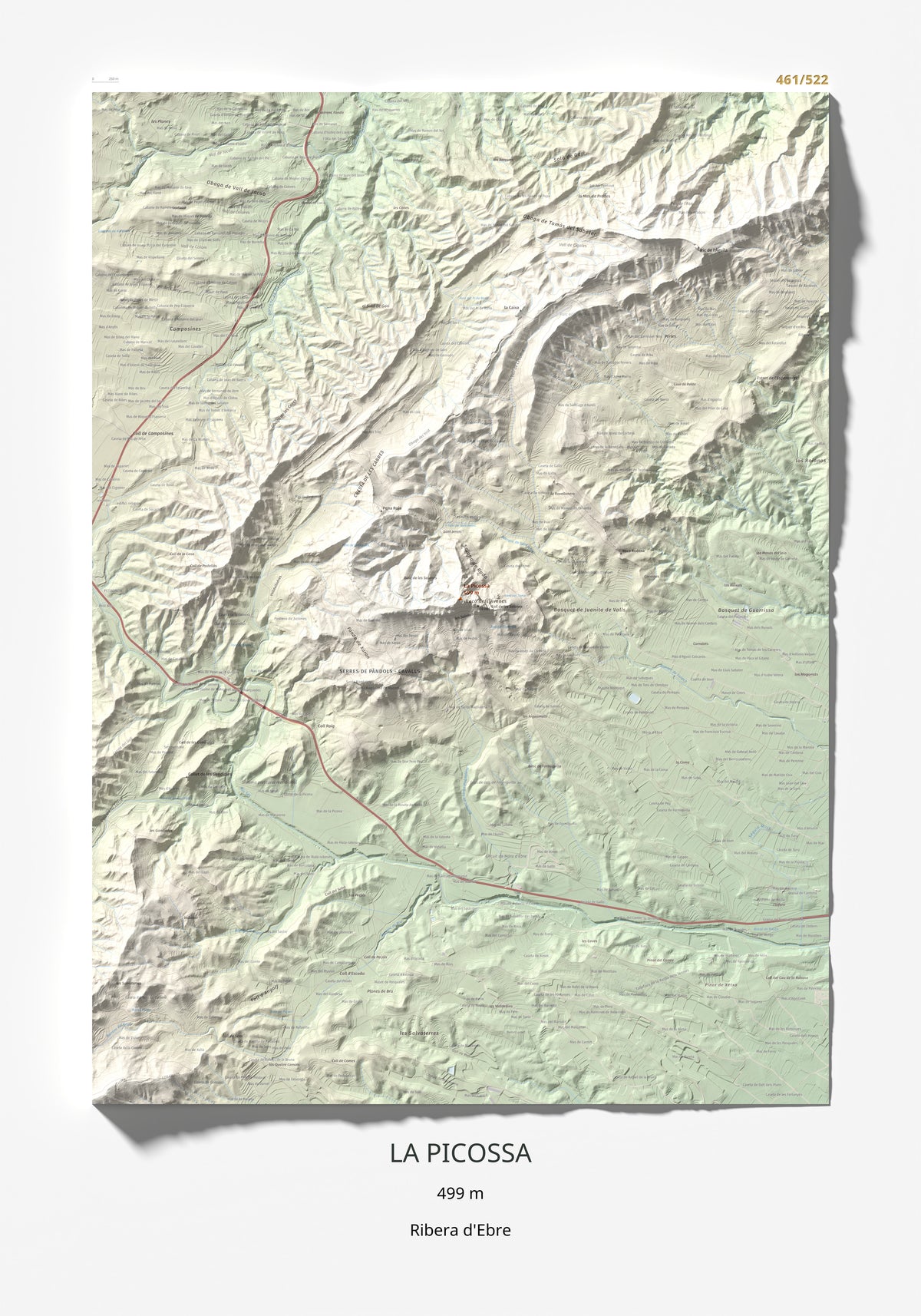 Mapa de relieve de La Picossa, 499 m, Ribera d'Ebre, lámina 100 Cims de Trobart 70 × 100 cm.
