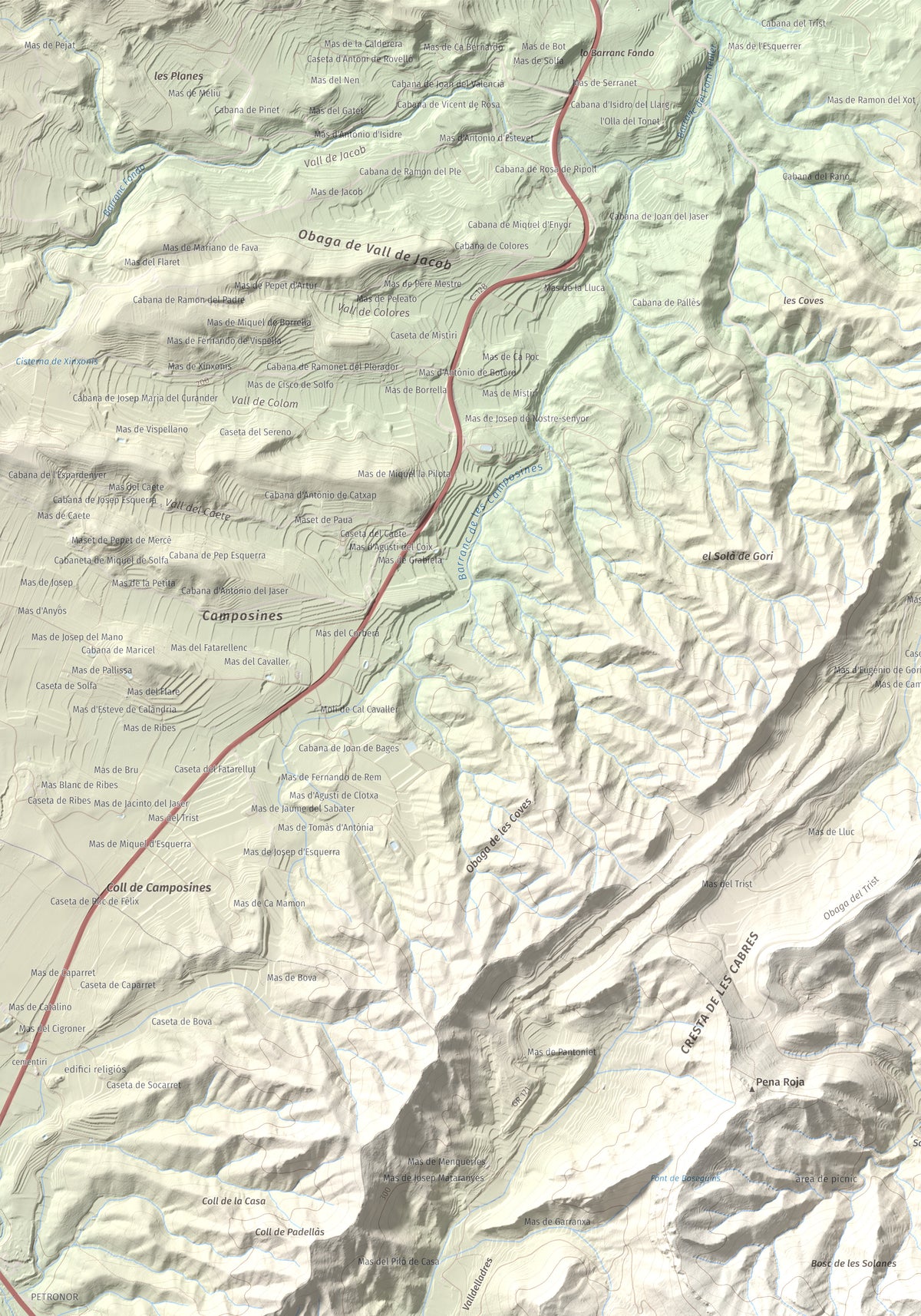 Mapa de relieve de La Picossa, 499 m, Ribera d'Ebre, lámina 100 Cims de Trobart. Detalle de la zona superior izquierda. 70 × 100 cm.
