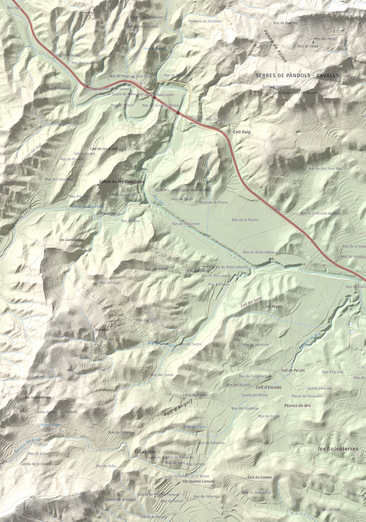 Mapa de relieve de La Picossa, 499 m, Ribera d'Ebre, lámina 100 Cims de Trobart. Detalle de la zona inferior izquierda. 70 × 100 cm.