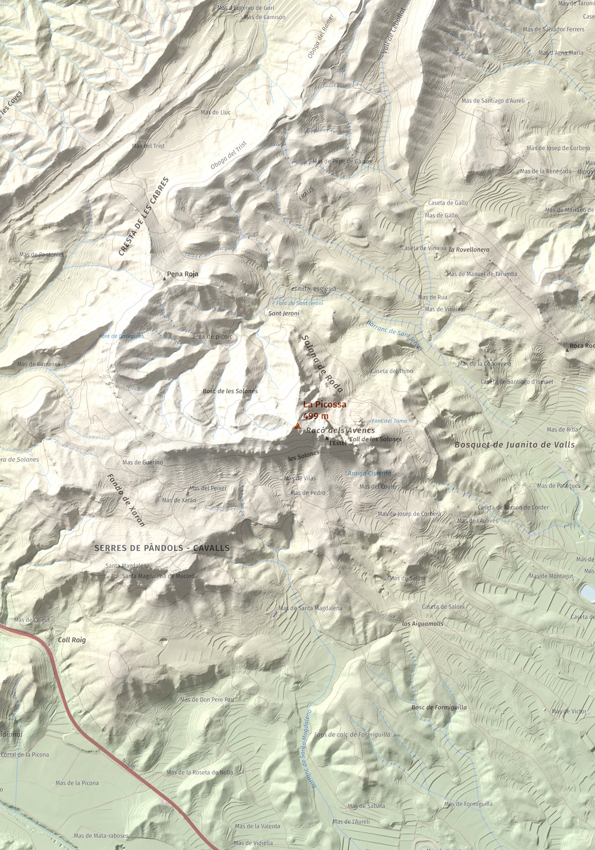 Mapa de relieve de La Picossa, 499 m, Ribera d'Ebre, lámina 100 Cims de Trobart. Detalle de la zona central. 70 × 100 cm.