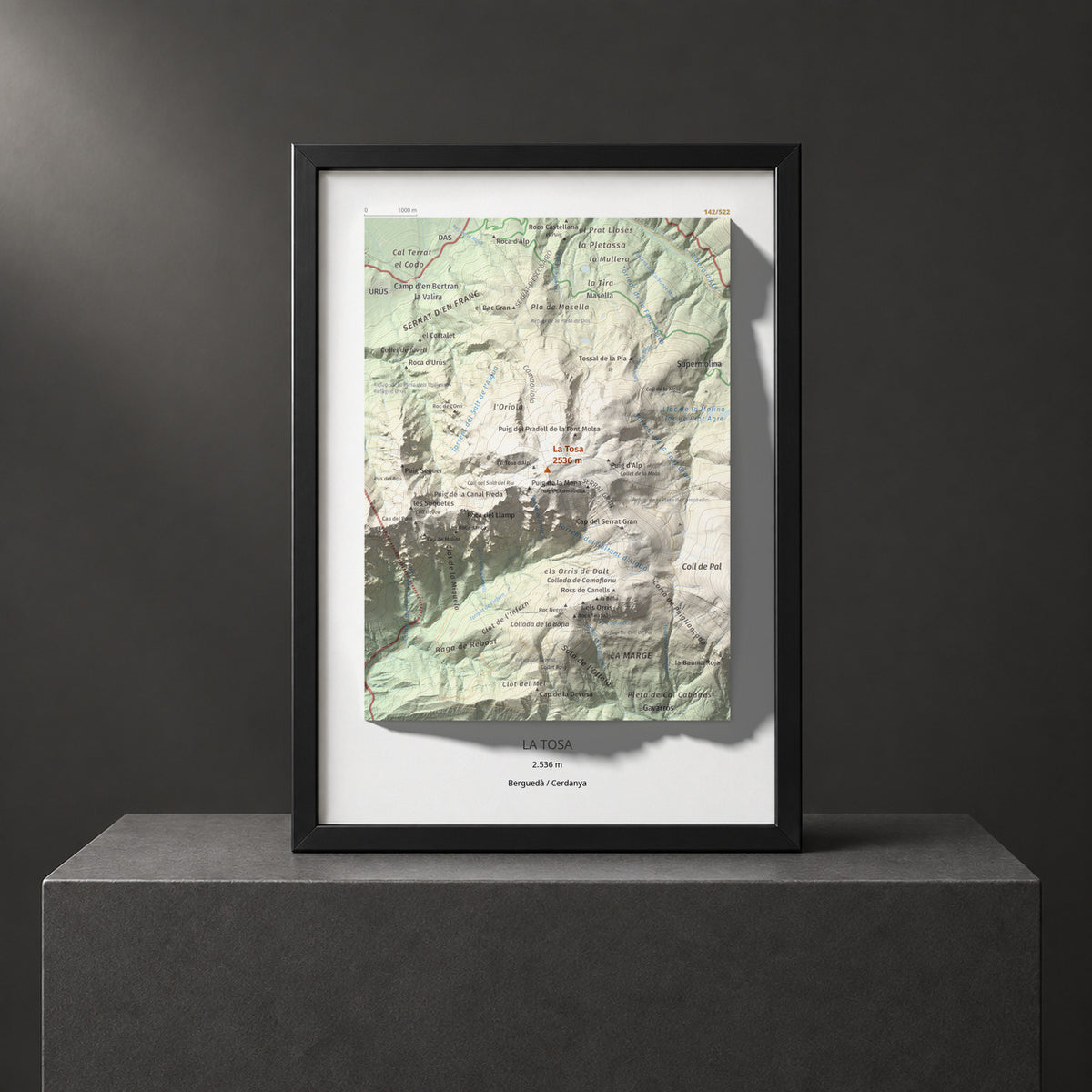 Mapa de relieve de La Tosa, 2536 m, Berguedà · Cerdanya, lámina 100 Cims de Trobart. Presentación enmarcada. 21 × 30 cm.