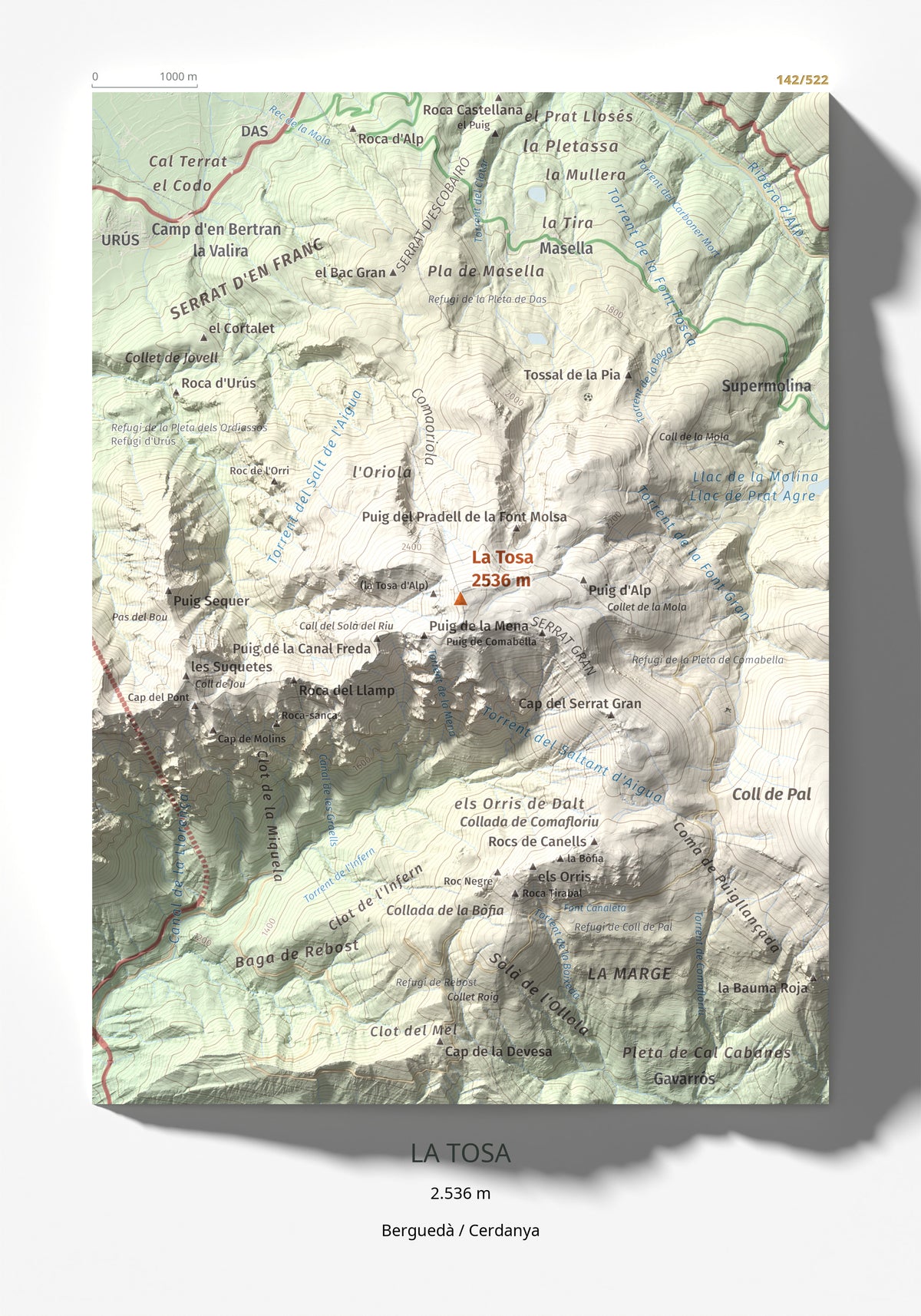 Mapa de relieve de La Tosa, 2536 m, Berguedà · Cerdanya, lámina 100 Cims de Trobart 21 × 30 cm.