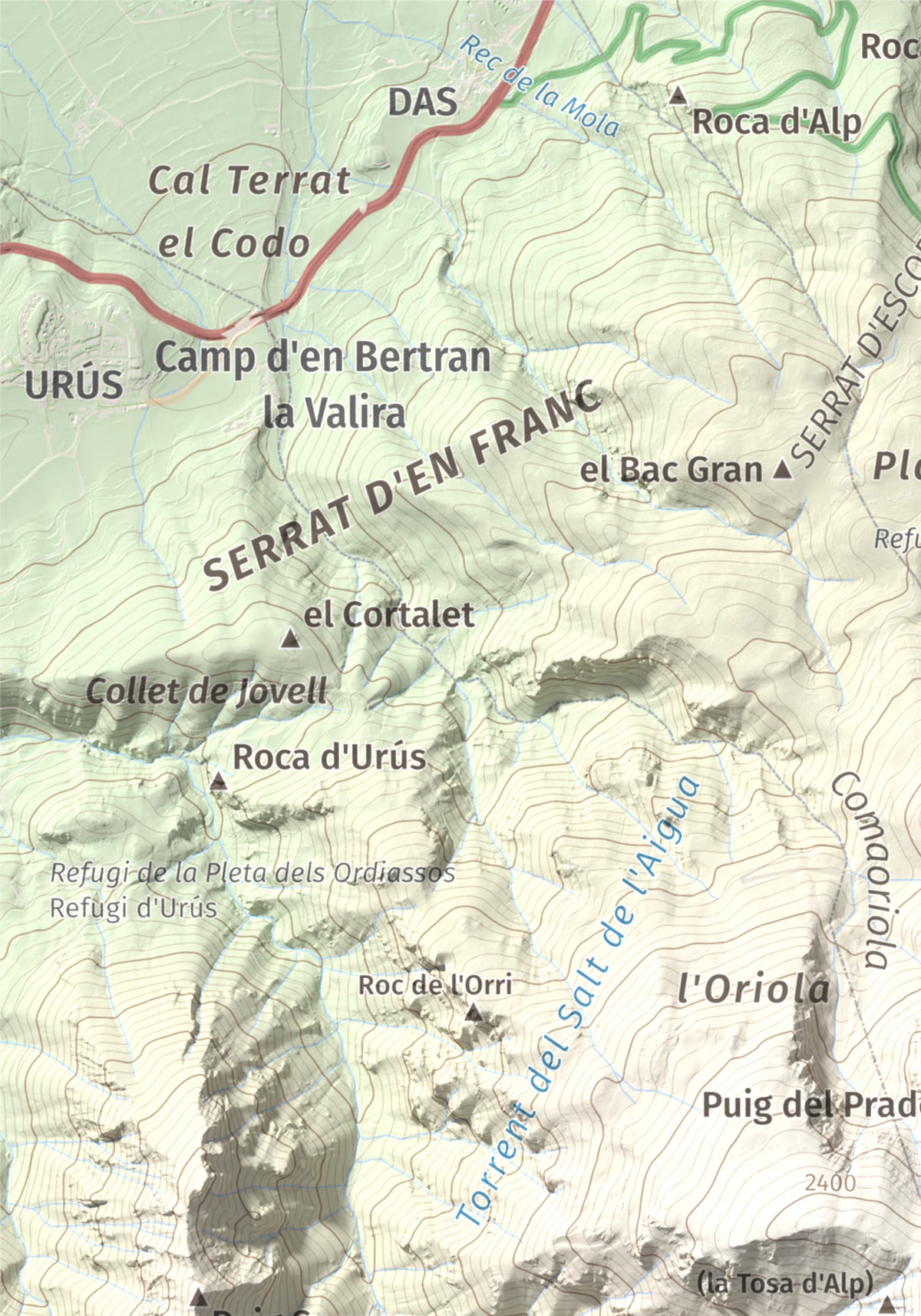 Mapa de relieve de La Tosa, 2536 m, Berguedà · Cerdanya, lámina 100 Cims de Trobart. Detalle de la zona superior izquierda. 21 × 30 cm.