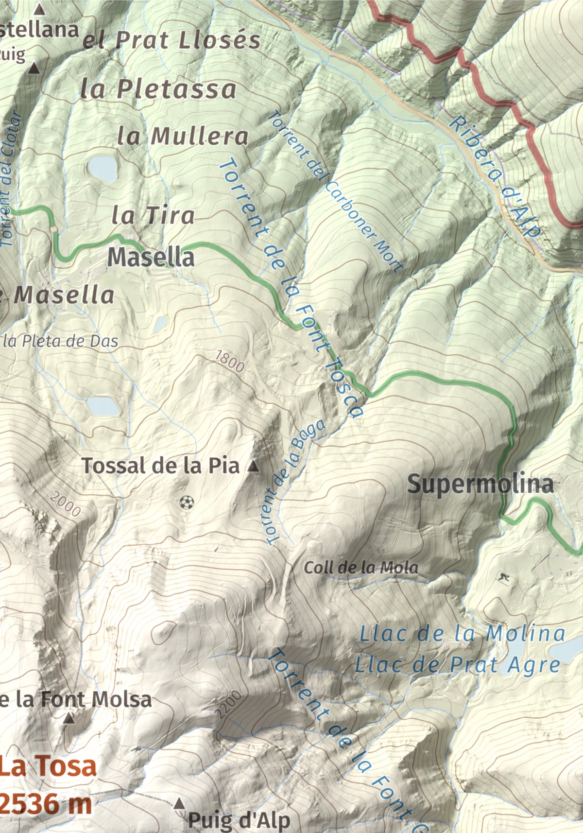 Mapa de relieve de La Tosa, 2536 m, Berguedà · Cerdanya, lámina 100 Cims de Trobart. Detalle de la zona superior derecha. 21 × 30 cm.