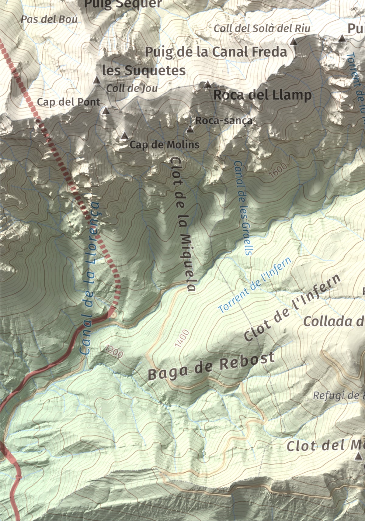 Mapa de relieve de La Tosa, 2536 m, Berguedà · Cerdanya, lámina 100 Cims de Trobart. Detalle de la zona inferior izquierda. 21 × 30 cm.