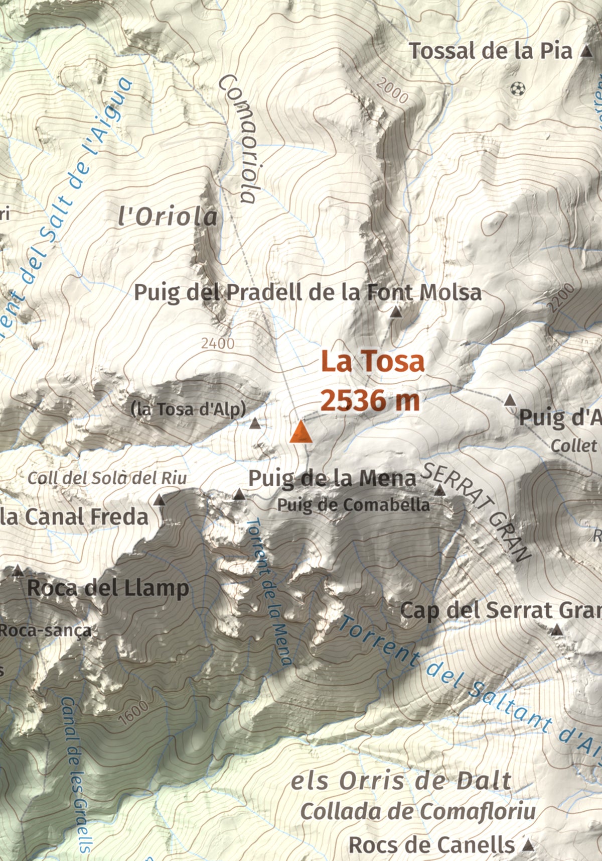 Mapa de relieve de La Tosa, 2536 m, Berguedà · Cerdanya, lámina 100 Cims de Trobart. Detalle de la zona central. 21 × 30 cm.