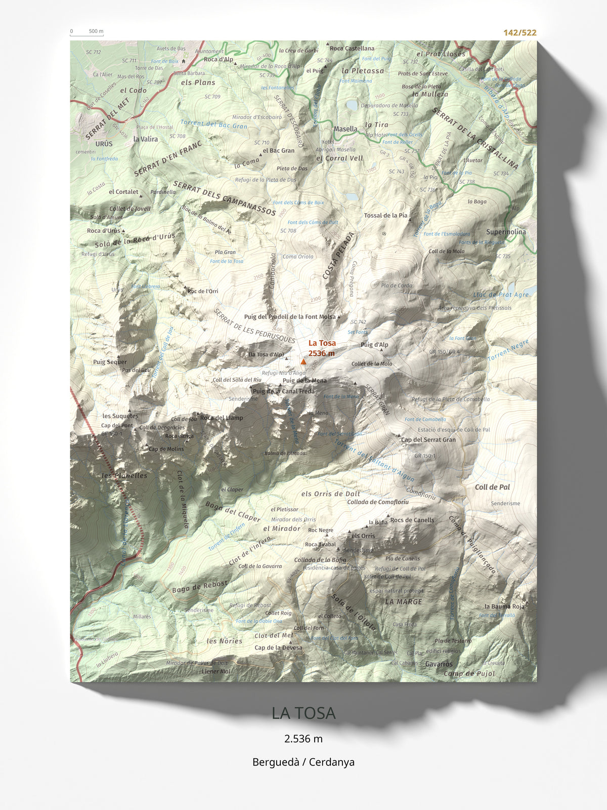 Mapa de relieve de La Tosa, 2536 m, Berguedà · Cerdanya, lámina 100 Cims de Trobart 30 × 40 cm.