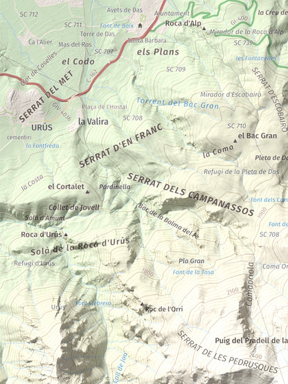 Mapa de relieve de La Tosa, 2536 m, Berguedà · Cerdanya, lámina 100 Cims de Trobart. Detalle de la zona superior izquierda. 30 × 40 cm.