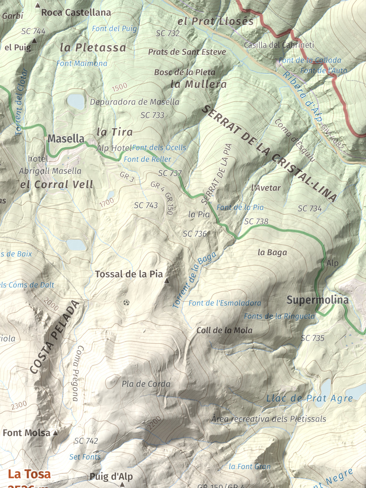 Mapa de relieve de La Tosa, 2536 m, Berguedà · Cerdanya, lámina 100 Cims de Trobart. Detalle de la zona superior derecha. 30 × 40 cm.