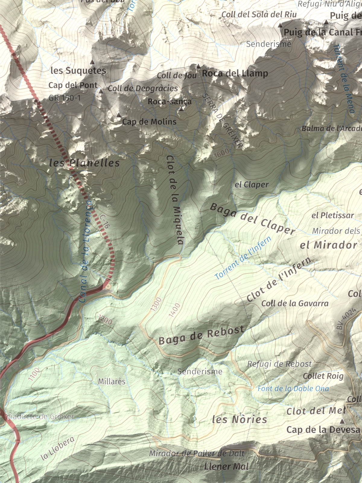 Mapa de relieve de La Tosa, 2536 m, Berguedà · Cerdanya, lámina 100 Cims de Trobart. Detalle de la zona inferior izquierda. 30 × 40 cm.