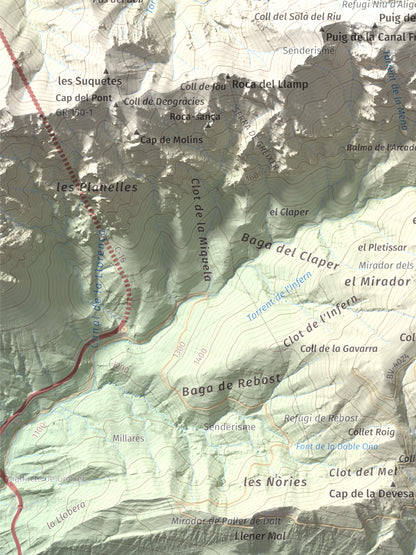 Mapa de relieve de La Tosa, 2536 m, Berguedà · Cerdanya, lámina 100 Cims de Trobart. Detalle de la zona inferior izquierda. 30 × 40 cm.