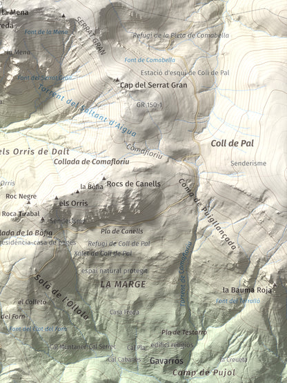 Mapa de relieve de La Tosa, 2536 m, Berguedà · Cerdanya, lámina 100 Cims de Trobart. Detalle de la zona inferior derecha. 30 × 40 cm.